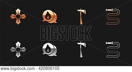 Set Firefighter, Telephone Call 911, Axe And Hose Reel Icon. Vector