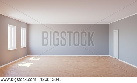 Beautiful Empty Interior Lit By The Sun With Parquet Floor And White Door, 3d Illustration. 6000x337