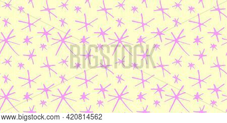 Vector Seamless Pattern From Hand Drawn Primitive Stars, Flowers In Doodle Flat Style. Bright Simple