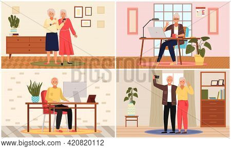 Old People Play Video Game. Modern Senior People Gadgets. Oldster Education Computer. Old Progressiv