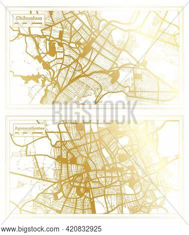 Aguascalientes and Chihuahua Mexico City Map Set in Retro Style in Golden Color. Outline Map.