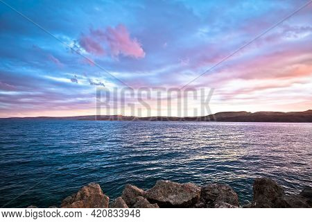 Sea And Colorful Sunset Sky View, Landscape Of Adriatic Sea In Croatia