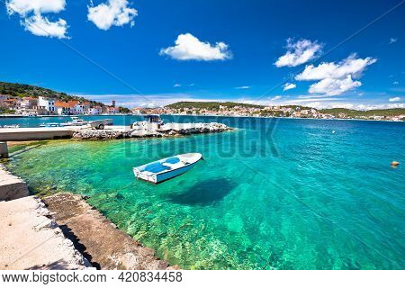 Coastal Town Of Tisno Turquoise Waterfront View, Bridge To Island Of Murter, Dalmatia, Croatia