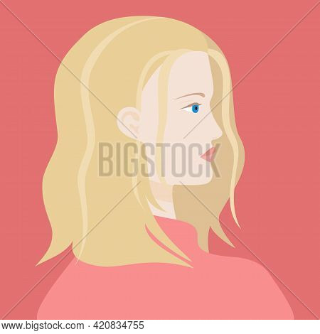 Portrait Of A Blond Haired Caucasian Woman With Blue Eyes In Pink Sweter. The Head Of A European Gir