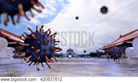 3D Illustration. Virus Covid 19 On Memorial Hall Taipei City. Taiwan Coronavirus