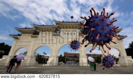 3D Illustration. Taipei Paifang Memorial Hall And Coronaviruses Pandemic. Covid