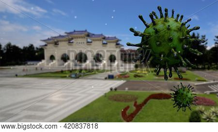 3D Illustration Covid 19 Memorial Hall Taipei. Paifang Gate And The Virus Taiwan