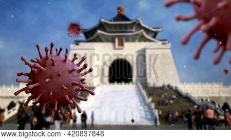 3D Illustration Flu Coronavirus Floating On Memorial Hall. Taiwan Covid 19 Virus