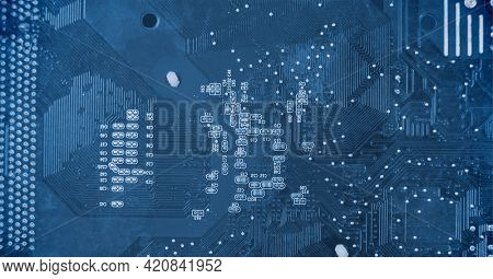 Composition of digital icons over blue metallic background. global online connection and digital interface concept digitally generated image.