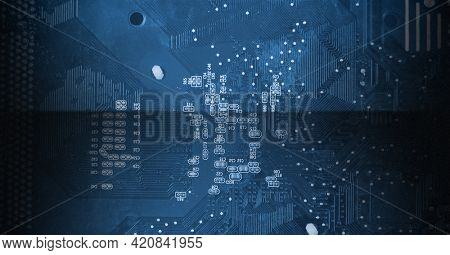 Composition of digital icons over blue metallic background. global online connection and digital interface concept digitally generated image.