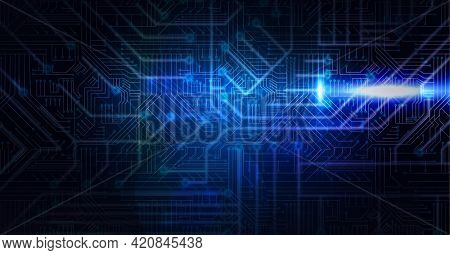 Digitally generated image of glowing blue microprocessor connections against black background. computer interface and technology concept
