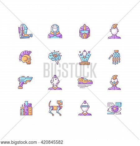 Cyberpunk Rgb Color Icons Set. Android Person With Cybernetics. Futuristic Technology. Body Augmenta
