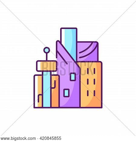 Cyberpunk City Rgb Color Icon. Skyscrapers Of Business Centers. High Tech Metropolis Buildings. Dyst