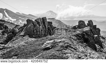 Black And White View Of The Ilyinsky Volcano Early In The Morning, Kamchatka Peninsula, Russia
