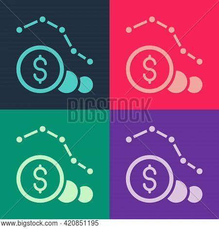 Pop Art Dollar Rate Decrease Icon Isolated On Color Background. Cost Reduction. Money Symbol With Do