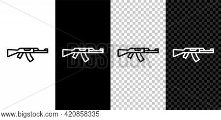 Set Line Submachine Gun Icon Isolated On Black And White, Transparent Background. Kalashnikov Or Ak4