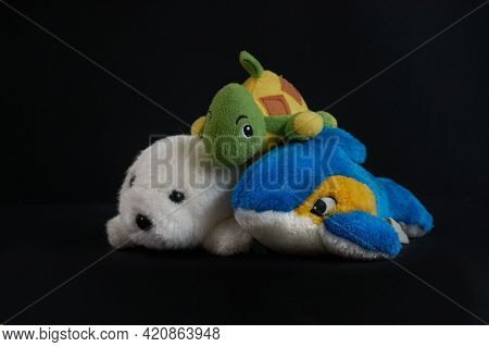 Soft Childrens Toys: Turtle, Seal, Dolphin Isolated On Black Background