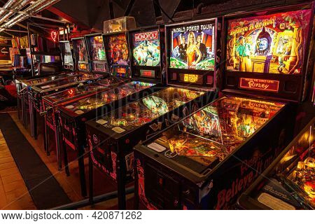 Moscow, Russia - April 29, 2021: Pinball museum. Pinball table close up view of vintage game machine
