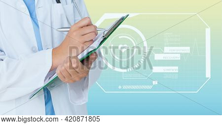 Composition of caucasian male doctor with clipboard over digital interface with medical icons. global medicine and digital interface concept digitally generated image.