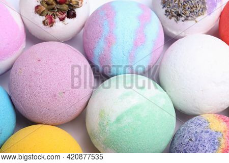 Colorful Bath Bombs On White Background, Above View