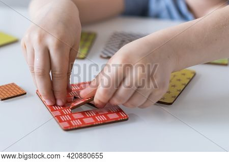 A Child Plays A Logical Wooden Toy Of The Seguin Board. The Maria Montessori Method. Wooden Educatio