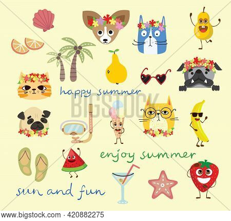 Set Of Different Vector Summer Travel People, Animals And Icons In The Flat Stye