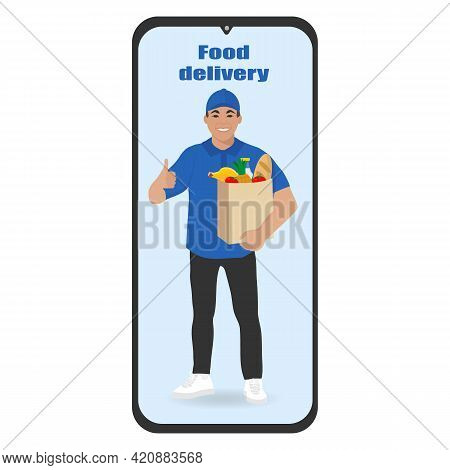 Online Grocery Delivery Concept. Vector Flet Illustration.