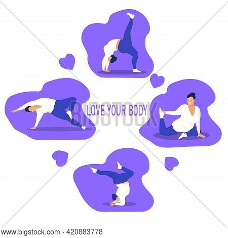 Plus Size Woman In Yoga Poses. Set. I Love My Body Concept. Vector Illustration.