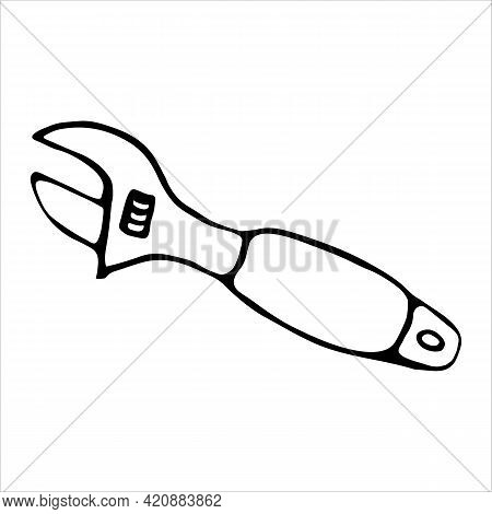 Adjustable Wrench. Icon Isolated. Vector In Doodle Style Hand Made.
