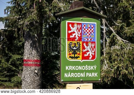 Krkonose, Czech Republic - August 20, 2020: The Crest Of Czech Republic With The Name Of National Pa