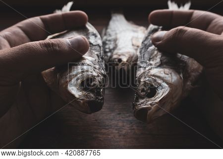 Dried Fish In Hands - Ram On Wood Background