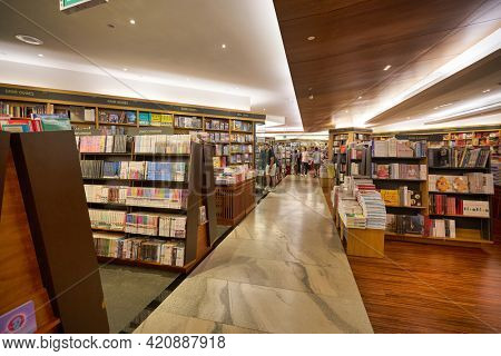 SINGAPORE - CIRCA JANUARY, 2020: interior shot of Books Kinokuniya store, Singapore largest bookstore. The store offering books, magazines, music, CD, Manga and much more.