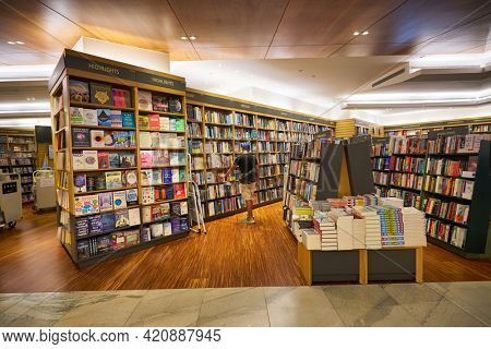 SINGAPORE - CIRCA JANUARY, 2020: interior shot of Books Kinokuniya store, Singapore largest bookstore. The store offering books, magazines, music, CD, Manga and much more.