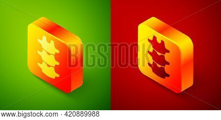 Isometric Human Spine Icon Isolated On Green And Red Background. Square Button. Vector