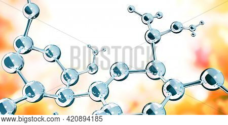 Models of abstract molecular structure on blurred background. Horizontal banner with glass model of molecule. Copy space for your text. Mock up template. 3d render