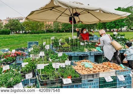 Prague, Czech Republic - May 15, 2021.traditional Farmers Market In Quarter Of Dejvice. Seller And C
