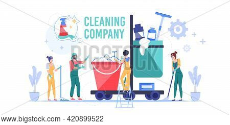 Vector Cartoon Cleaning Company Employee Characters At Work.domestic Worker Cleaners, Mop Bucket Equ