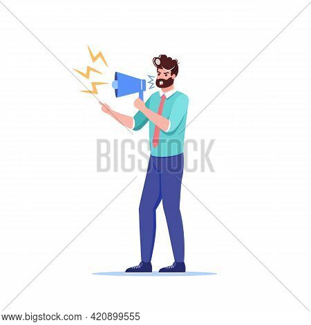 Vector Cartoon Flat Boss Manager Office Character In Work Conflict Scene.angry Boss Shouts In Megaph