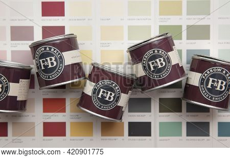 London, Uk - May 2021: Farrow And Ball Luxury Paint Brand Sample Pots