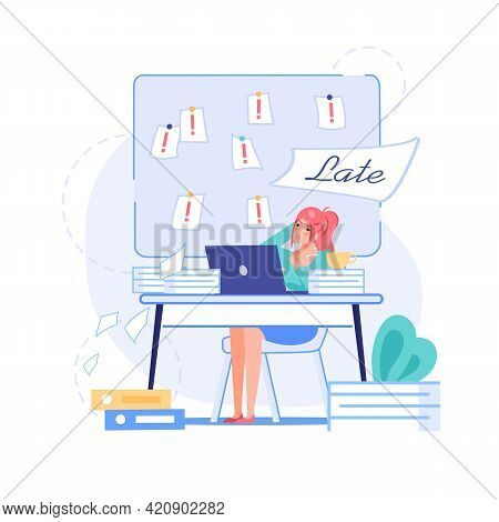 Vector Cartoon Flat Office Worker Character In Work Deadline Scene.tired Employee Works On Laptop, T