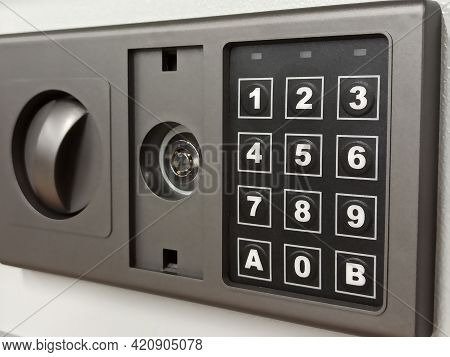 Panel Of Modern Safe With Numeric Keypad. Selective Focus. Mobile Photo.