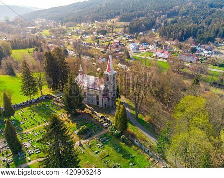 Church Of Saint Peter And Paul In Horni Tanvald, Czech Republic . Aerial View From Drone.
