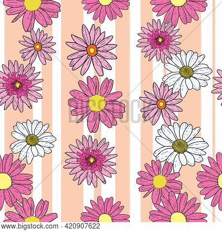 Vector White Background Pink Daisy Flowers And Wild Flowers. Seamless Pattern Background