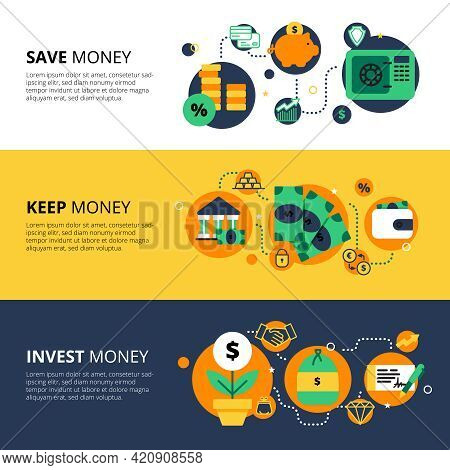 Flat Collection Of Horizontal Finance Banners With Saving Keeping And Investing Money Themes Vector 