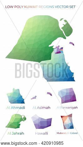 Kuwaiti Low Poly Regions. Polygonal Map Of Kuwait With Regions. Geometric Maps For Your Design. Awes