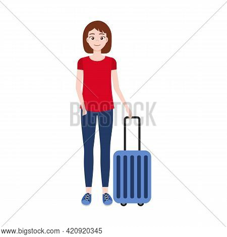 Young Woman Traveling With Suitcase Luggage Vector Isolated On White Background. Airport Illustratio