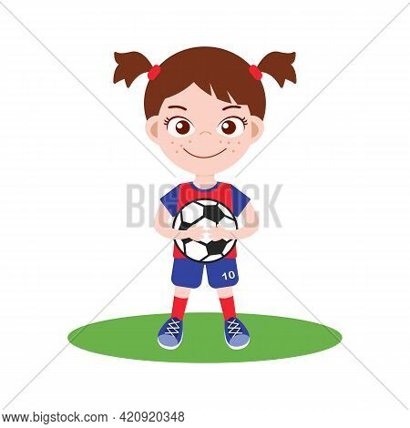 Girl In Uniform With Soccer Ball Vector. Isolated On White Background. Cute Cartoon Kid Character. K