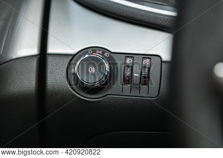 Novosibirsk, Russia - May 16, 2021: Opel Mokka, Close-up On The Headlight Switch Control Buttons,  A