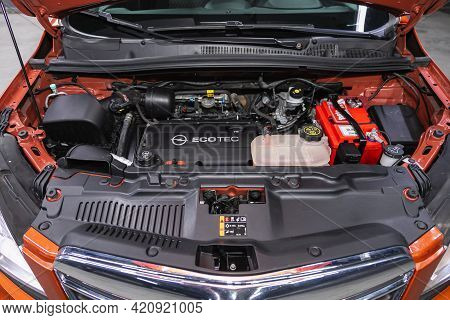 Novosibirsk, Russia - May 16, 2021: Opel Mokka, Close Up Of A Clean Motor Block. Internal Combustion