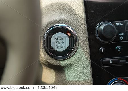 Novosibirsk, Russia - May 16, 2021: Infiniti Qx, Car Dashboard:  Engine Start Stop Button, Car Inter